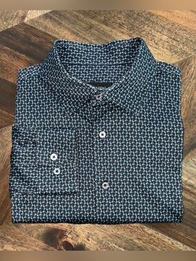 Bugatchi James XL Geometric OoohCotton Tech Shirt Teal Stretch Button Up